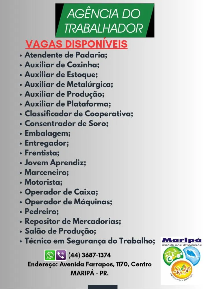Agência do Trabalhador de Maripá Disponibiliza Novas Vagas de Emprego na Cidade e Região